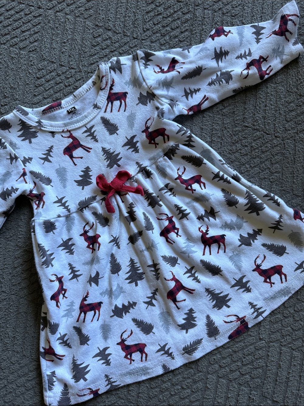 Kids Long Sleeve White Dress with Red Plaid Deer Print - (Brand: )